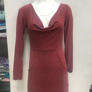 Knit Dress, Heather Red, Cowl Neck, Kangaroo Pcket